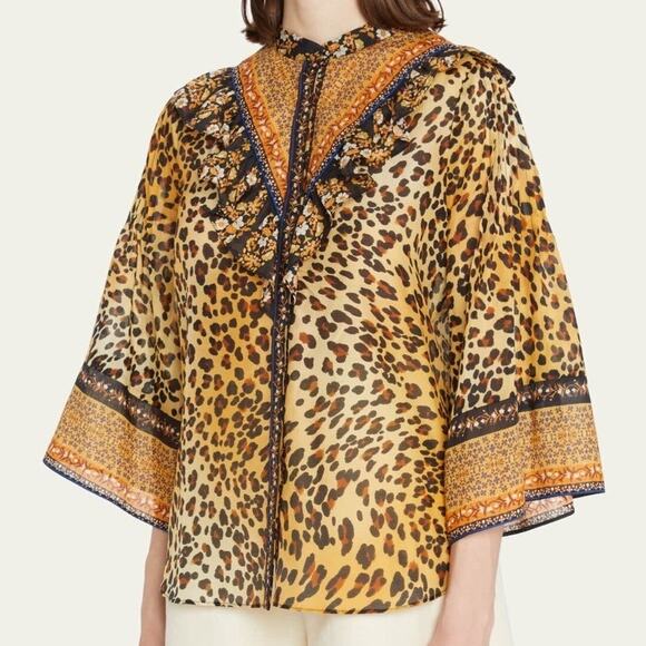 Kobi Halperin Top‎ Leopard Print Ruffle Trim Silk Cotton Gold Blouse Size L - Picture 1 of 9